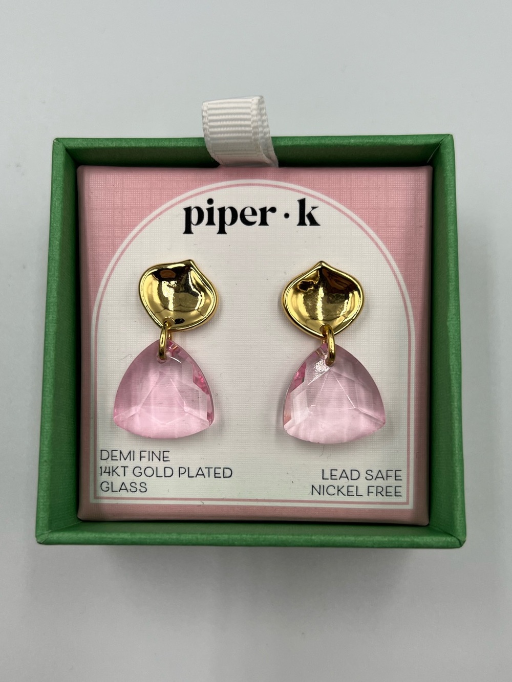Piper K Demi Fine 14KT Gold Plated Pink Faceted Glass Drop Earrings NIB